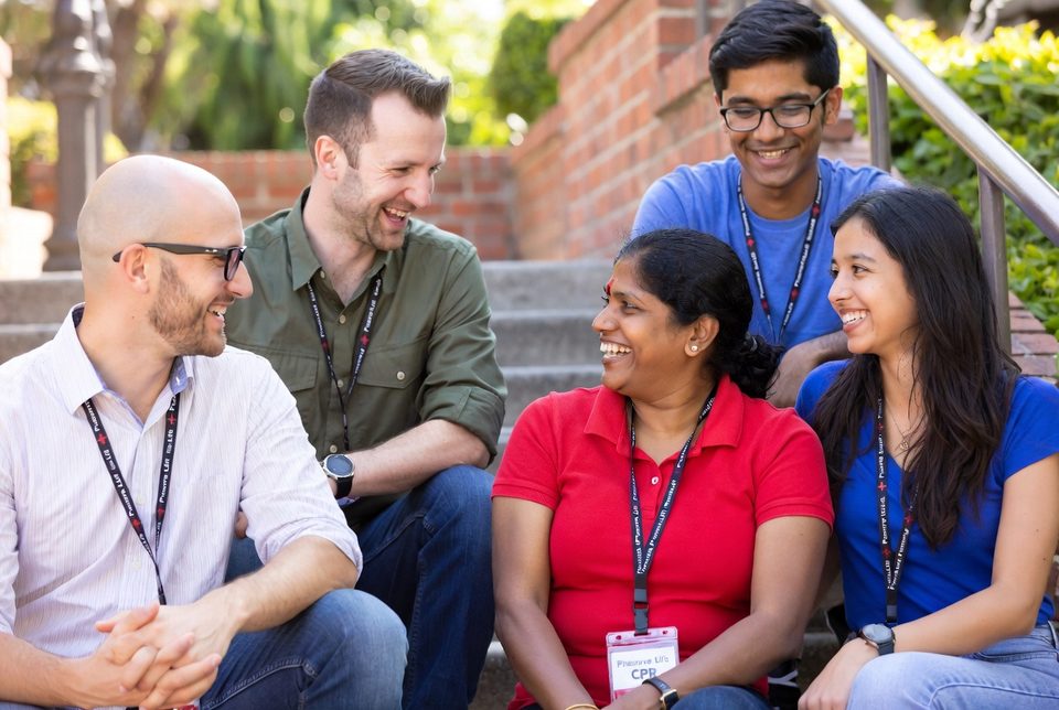 Five CPR trainees smiling together on outdoor steps — Preserve Life CPR team